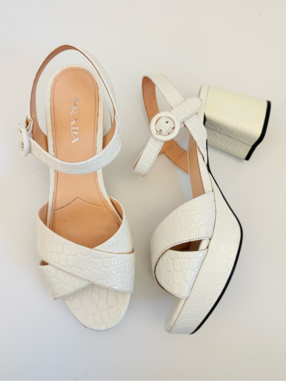 Prada 1XP890 White Croc Embossed Leather Platform Block Heel Sandals 39.5